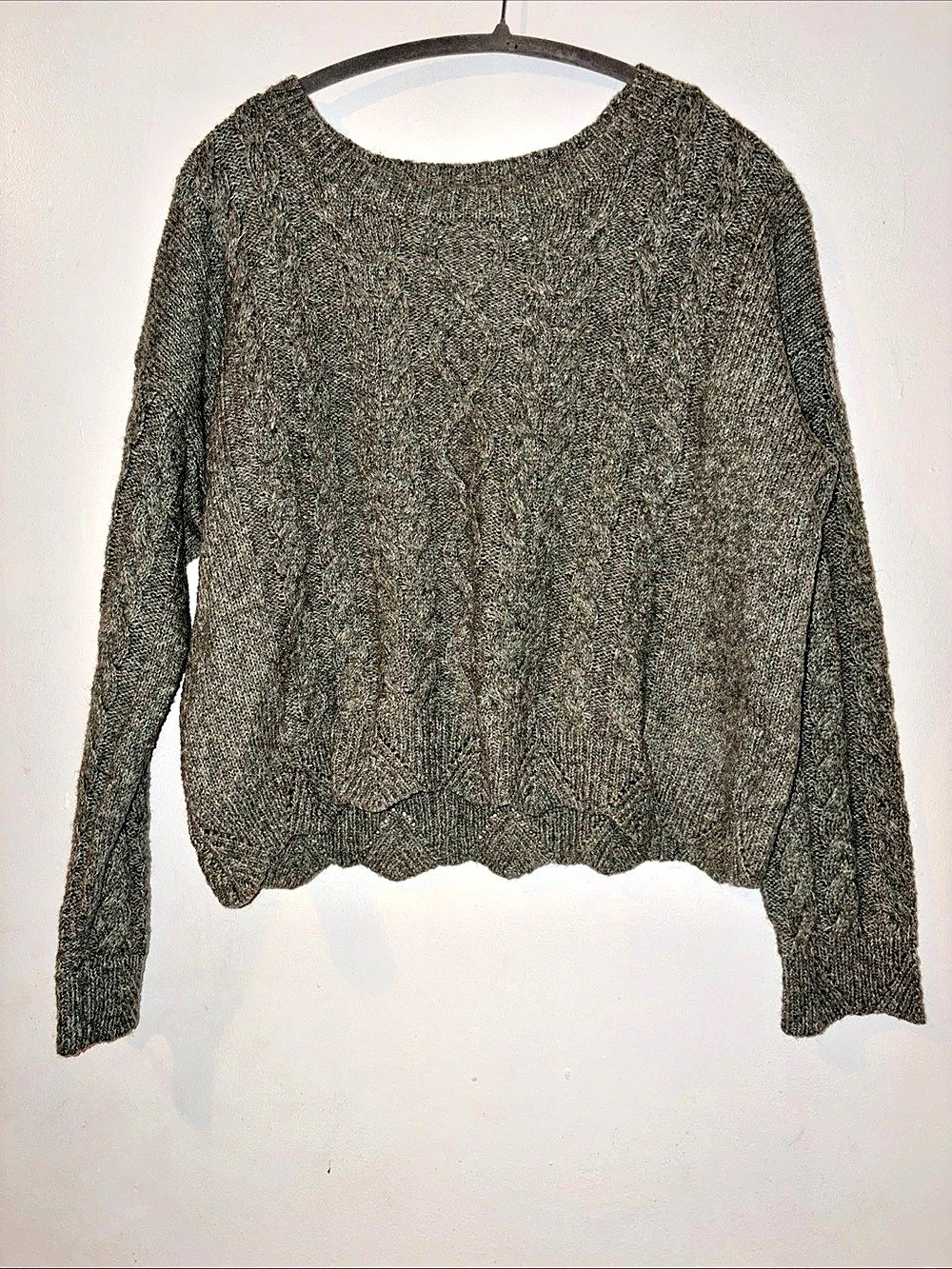 Lucky Brand Cable Knit Scalloped Hem Sweater Gray Large